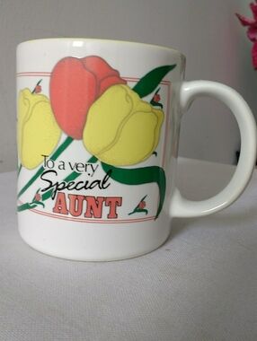 To a Very Special Aunt Floral Ceramic Mug - White with Yellow & Red Tulips